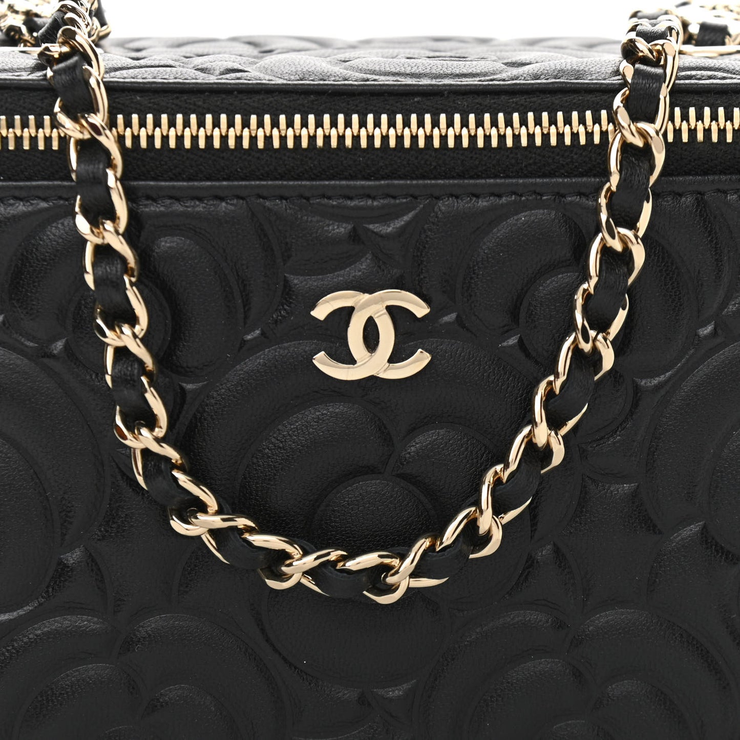 Lambskin Camellia Embossed Small Vanity Case With Chain Black