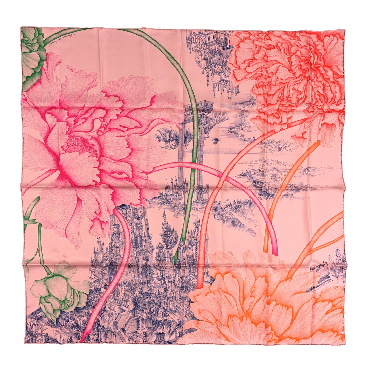 Silk A l'Ombre des Pivoines Scarf 90 Vieux Rose Encre