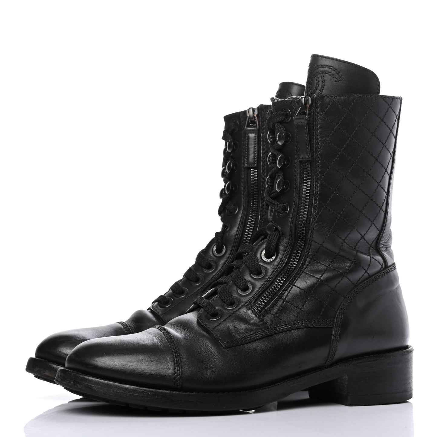 Calfskin Quilted Lace Up Combat Boots 40 Black