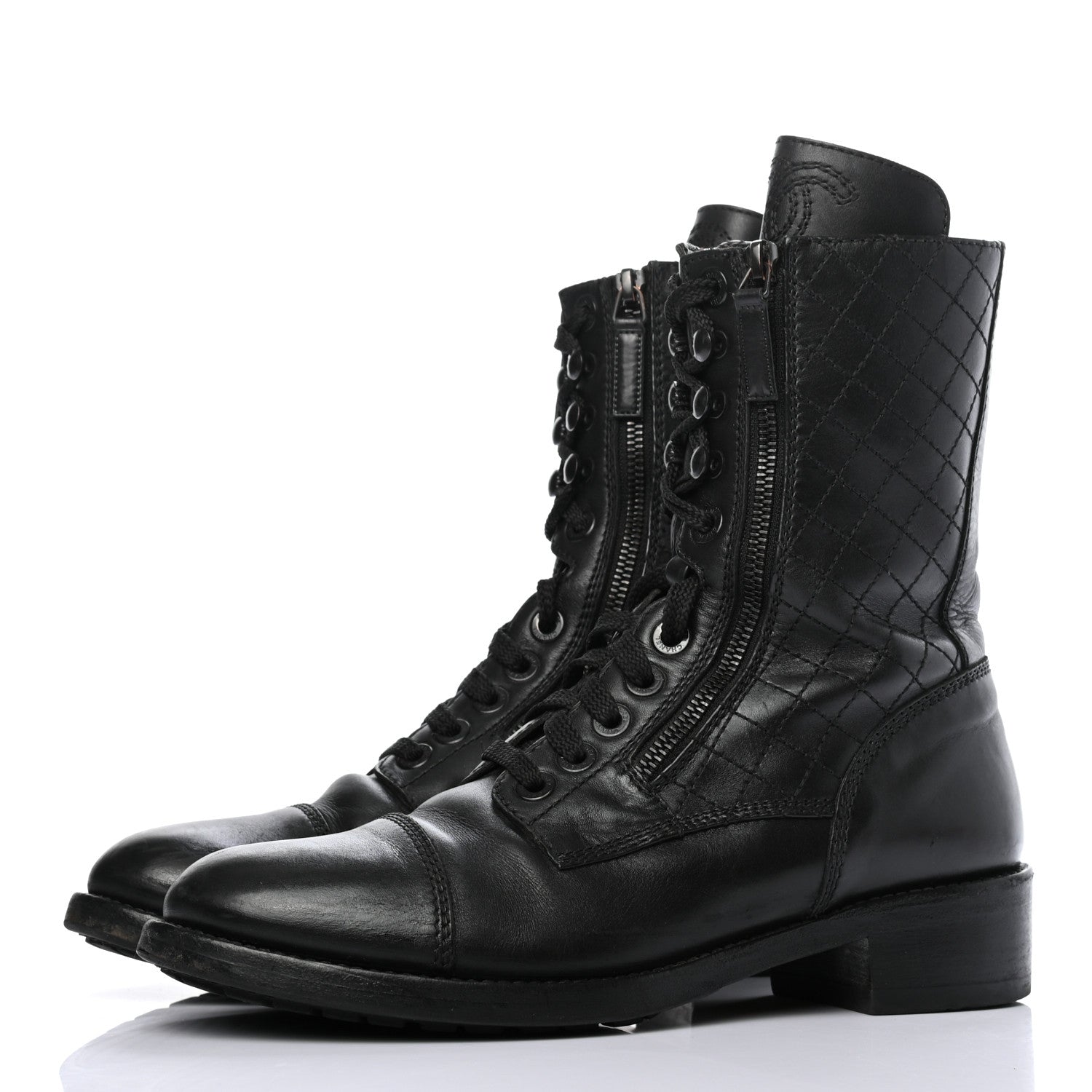 Chanel Calfskin Quilted Lace Up Combat Boots 40 Black 3 of 11