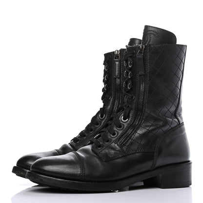 Chanel Calfskin Quilted Lace Up Combat Boots 40 Black 3 of 11
