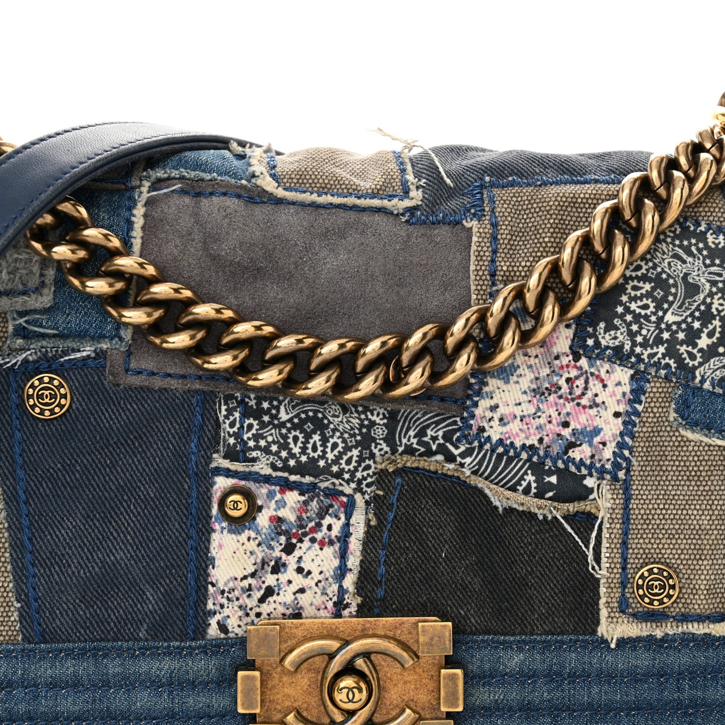 Denim Patchwork Medium Boy Flap Blue