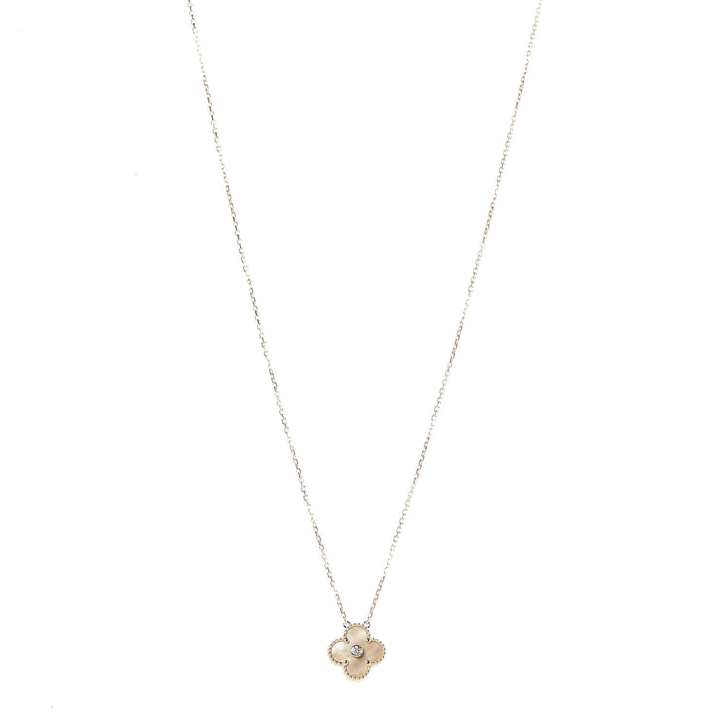18K Yellow Gold Diamond Yellow Mother of Pearl Vintage Alhambra Pendant Necklace