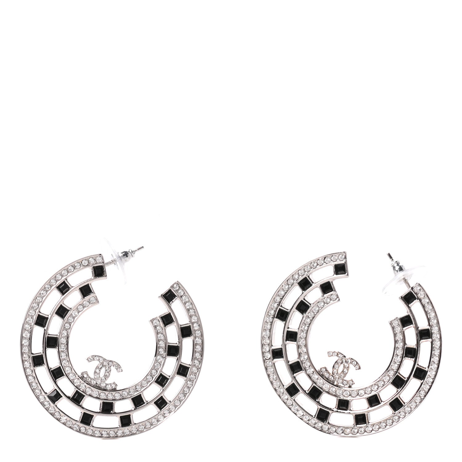 Chanel Baguette Crystal CC Hoop Earrings Silver Black 1 of 5