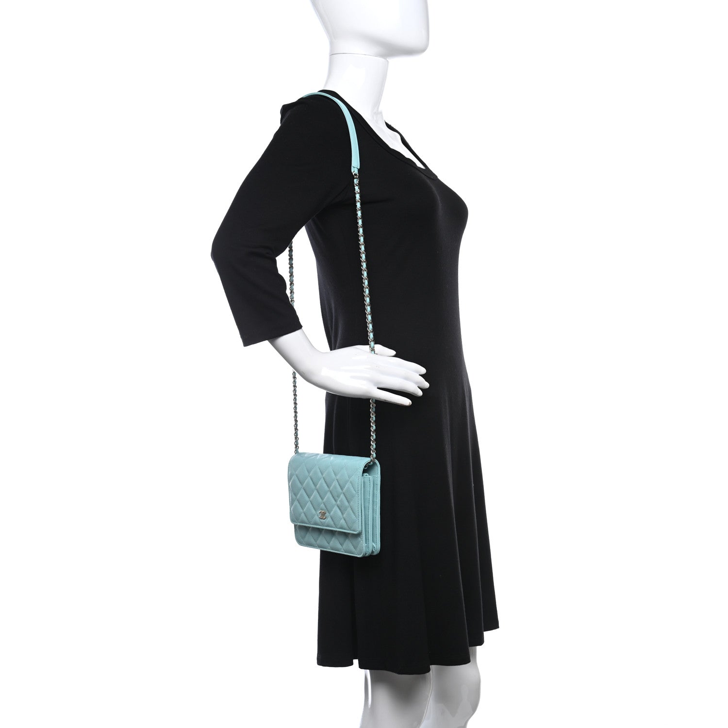 Chanel Caviar Quilted Square Wallet On Chain WOC Light Blue 2 of 10