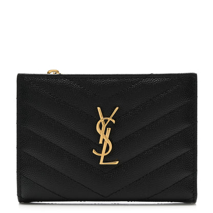 Saint Laurent Grain De Poudre Matelasse Chevron Monogram Zipped Two-Part Wallet Black 1 of 10