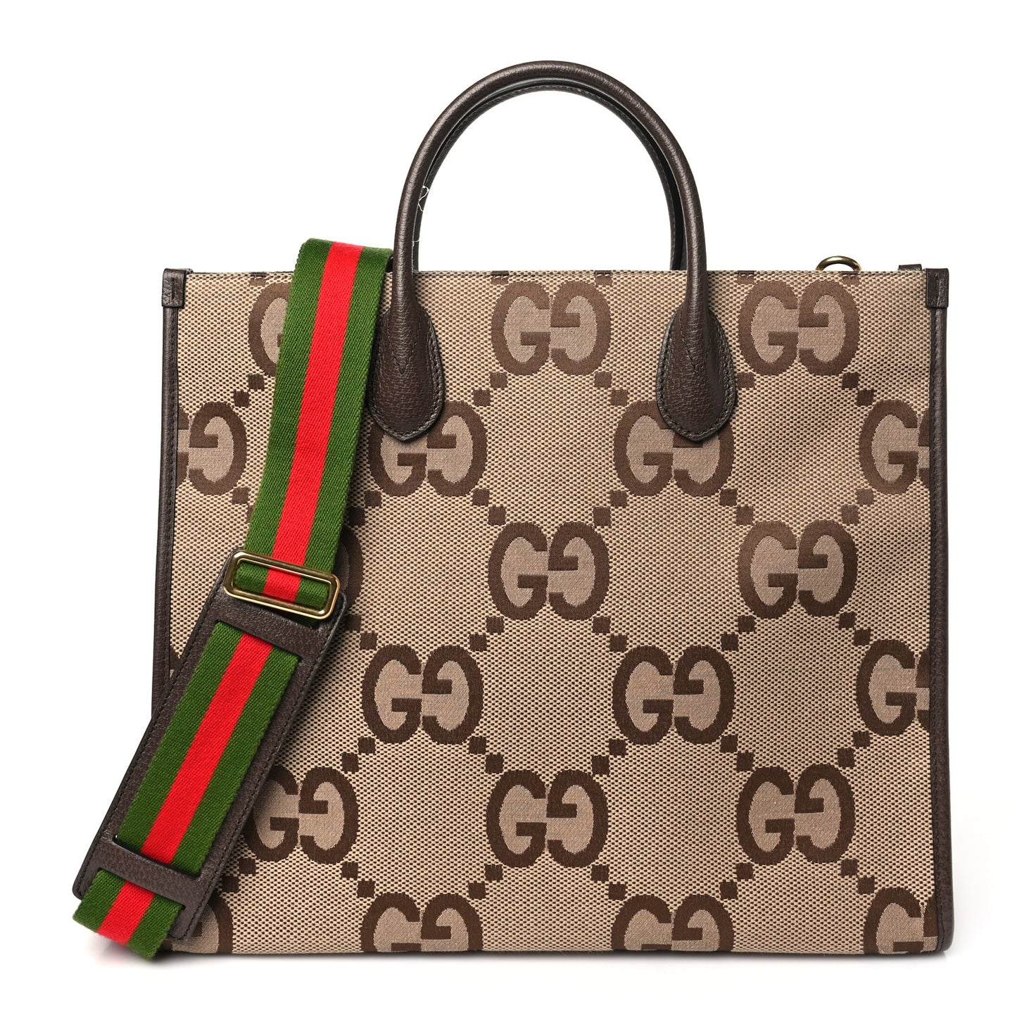 Monogram Jumbo GG Textured Dollar Calfskin Web Tote Bag Camel Ebony New Acero