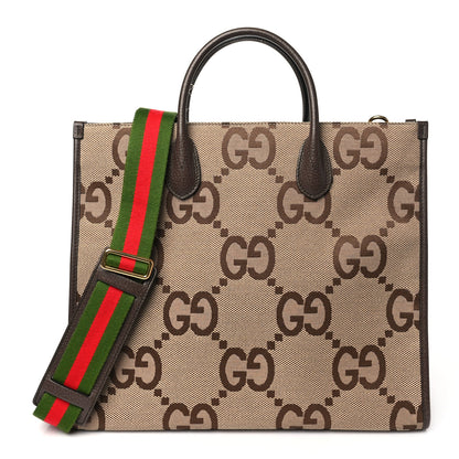 Gucci Monogram Jumbo GG Textured Dollar Calfskin Web Tote Bag Camel Ebony New Acero 1 of 11