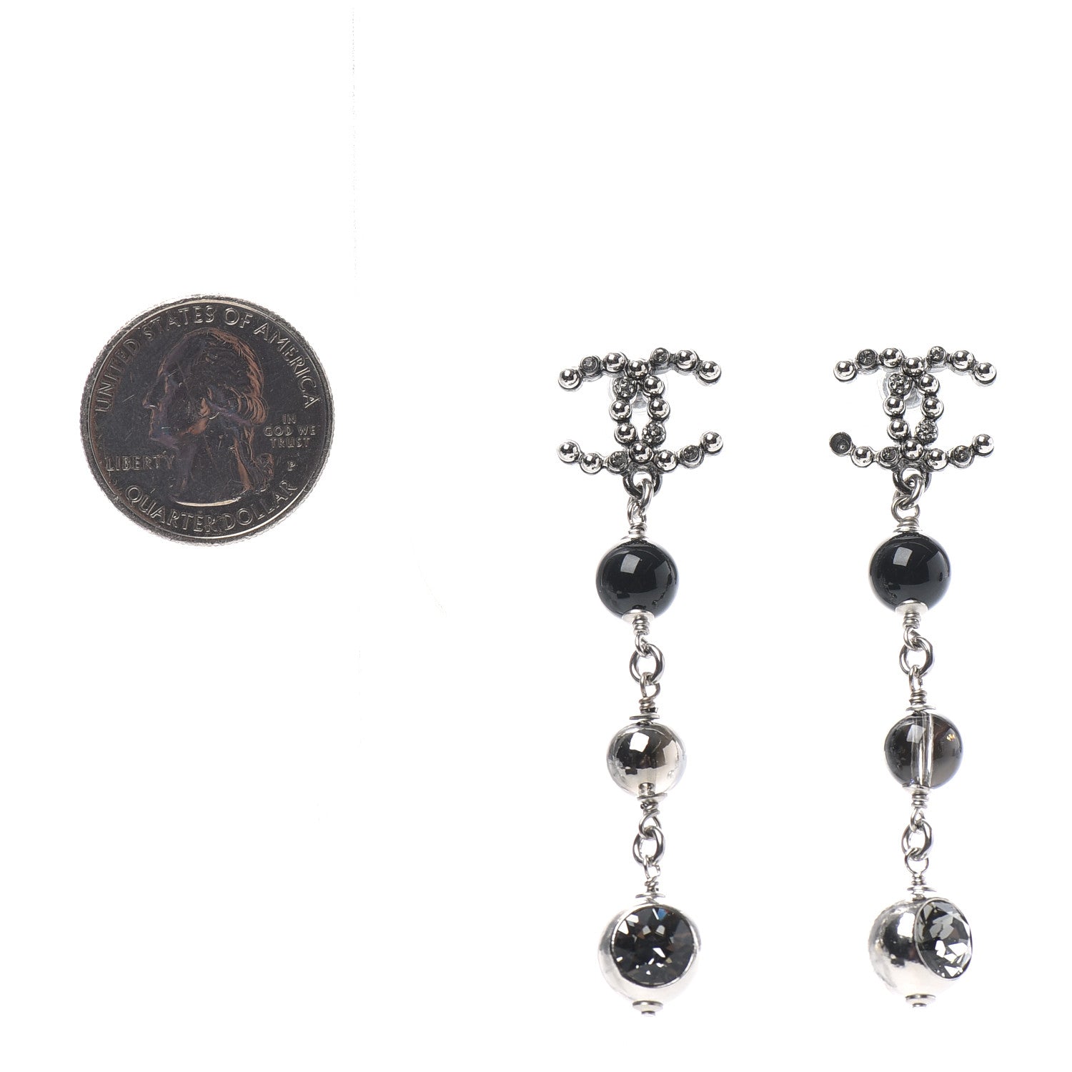 Chanel Bead Crystal CC Dangle Earrings Silver Black 2 of 5