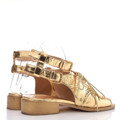 Chanel Metallic Calfskin CC Brogue Lace Up Ankle Strap Oxford Peep Toe Sandals 38 Gold 4 of 10