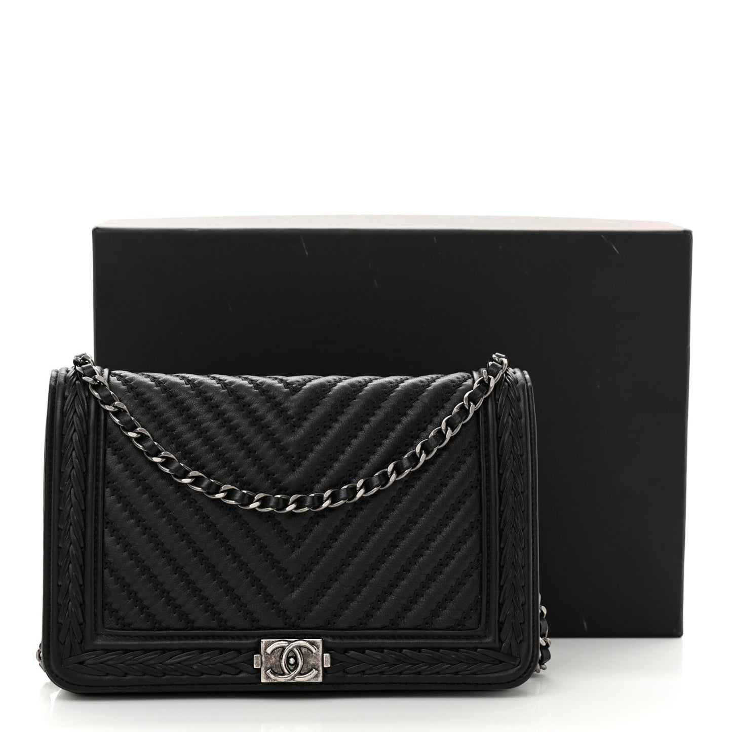 Calfskin Chevron Quilted Braided Boy Wallet On Chain WOC Black