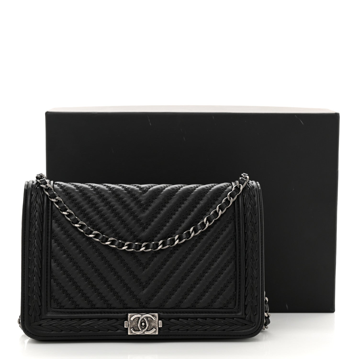 Chanel Calfskin Chevron Quilted Braided Boy Wallet On Chain WOC Black 14 of 14