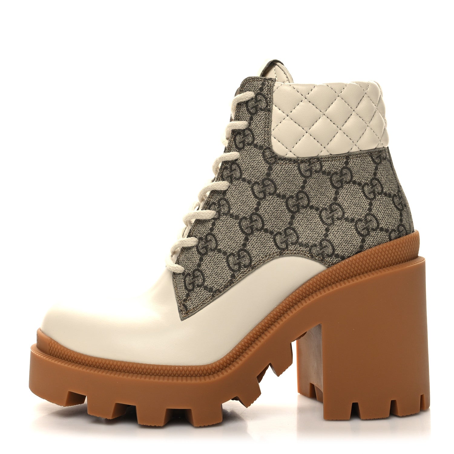 Gucci Calfskin GG Supreme Monogram Nappa Quilted Lace Up Ankle Boots 36.5 Mystic White Beige 1 of 8