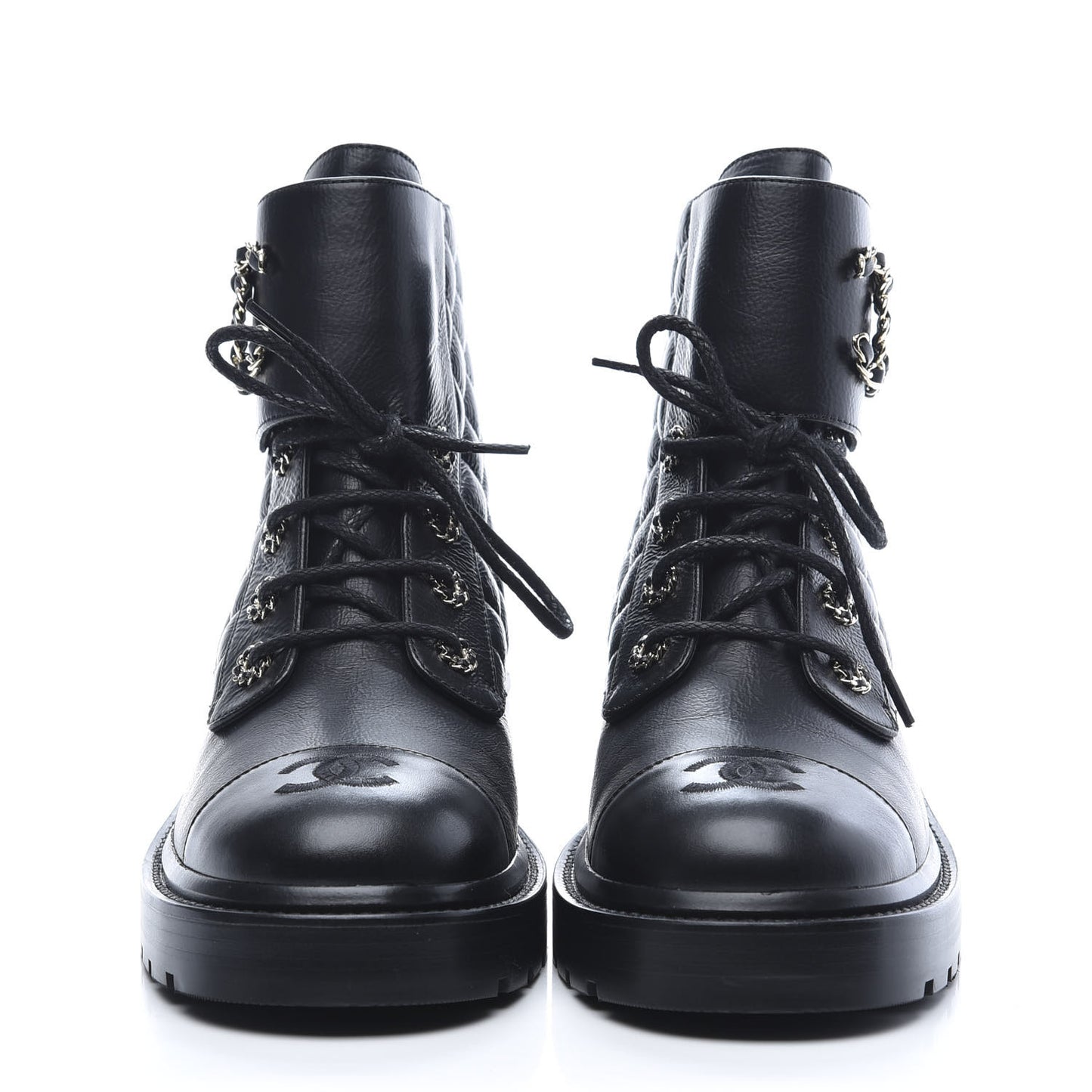 Shiny Goatskin Calfskin Quilted Lace Up Combat Boots 40.5 Black