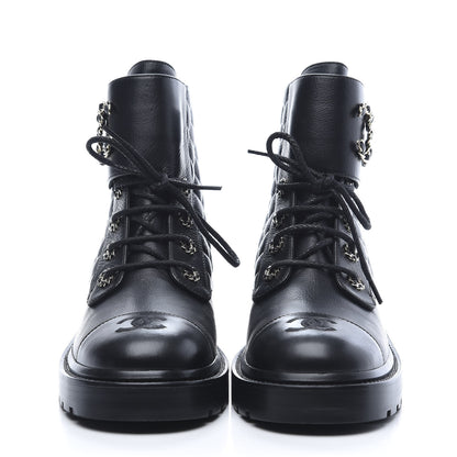 Chanel Shiny Goatskin Calfskin Quilted Lace Up Combat Boots 40.5 Black 2 of 9