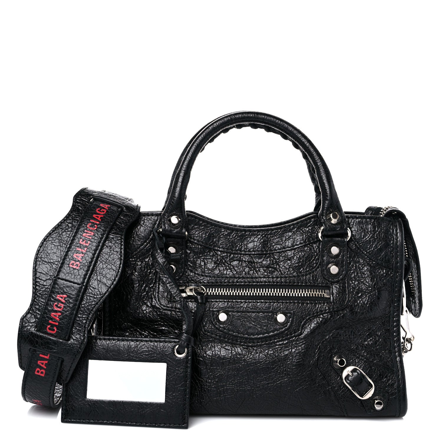 Balenciaga Agneau Classic Silver Hardware City Logo Strap Black Red 1 of 8