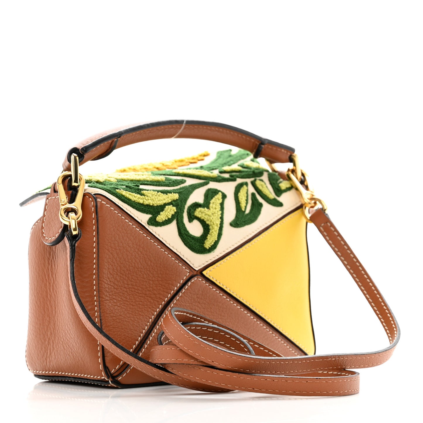 Calfskin Embroidered Floral Small Puzzle Bag Tan Yellow