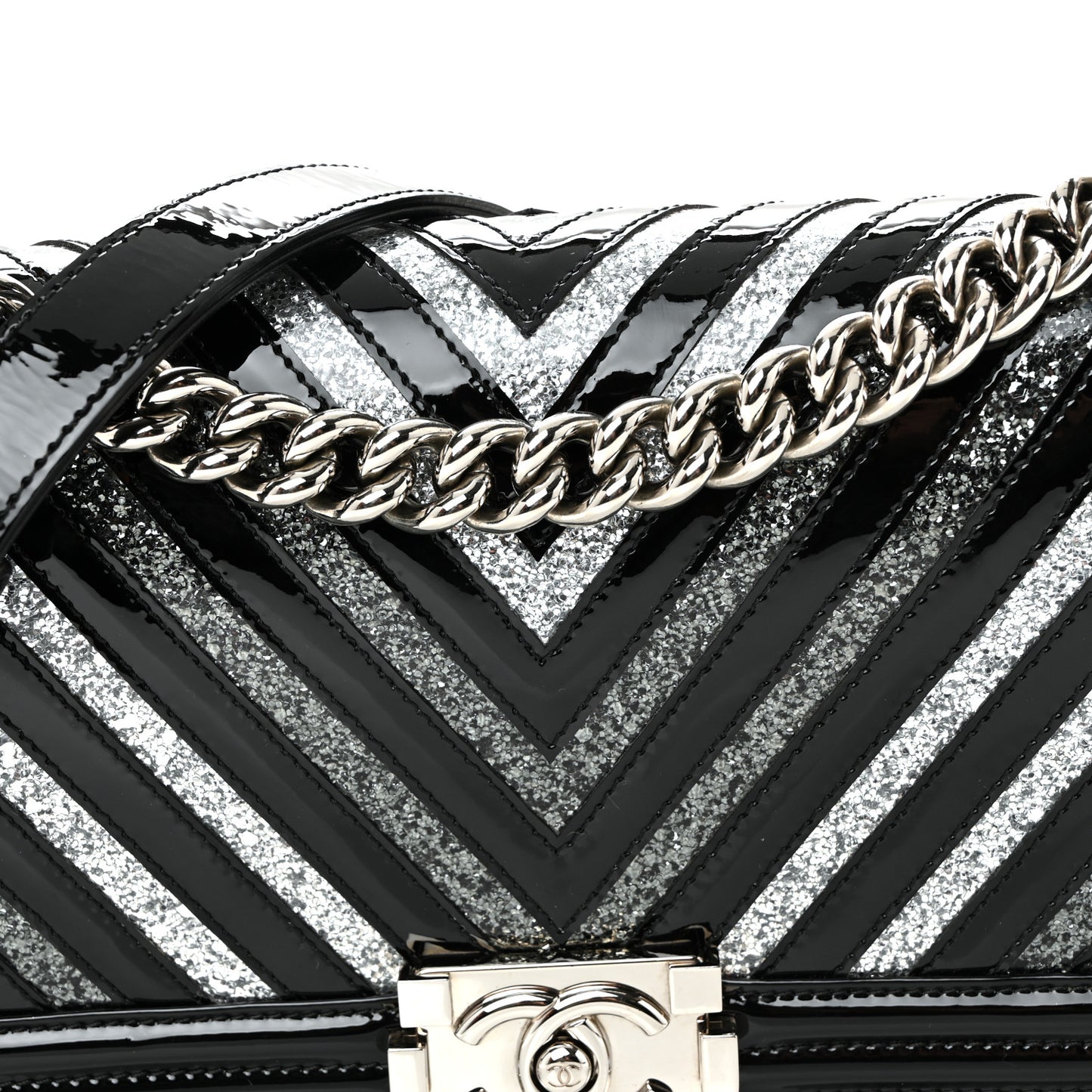 Patent Glitter PVC Chevron Quilted Medium Boy Flap Black Silver