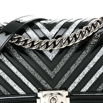 Chanel Patent Glitter PVC Chevron Quilted Medium Boy Flap Black Silver 7 of 9