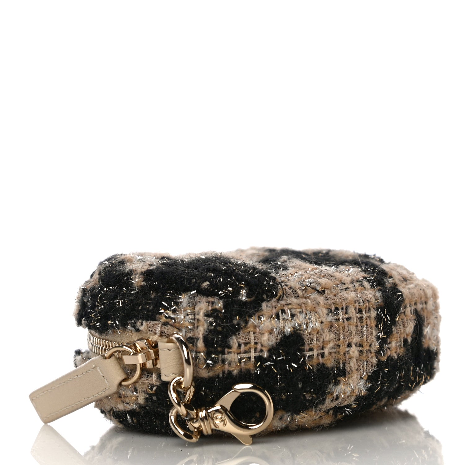 Chanel Tweed Shearling Quilted Coin Purse Beige Black 4 of 9