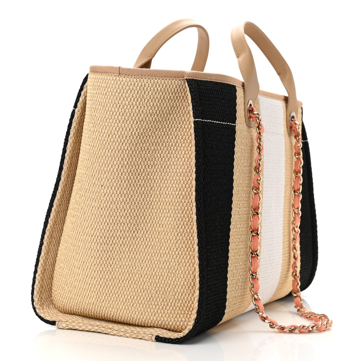 Straw Raffia Calfskin Striped Medium Deauville Tote Black Beige Ivory