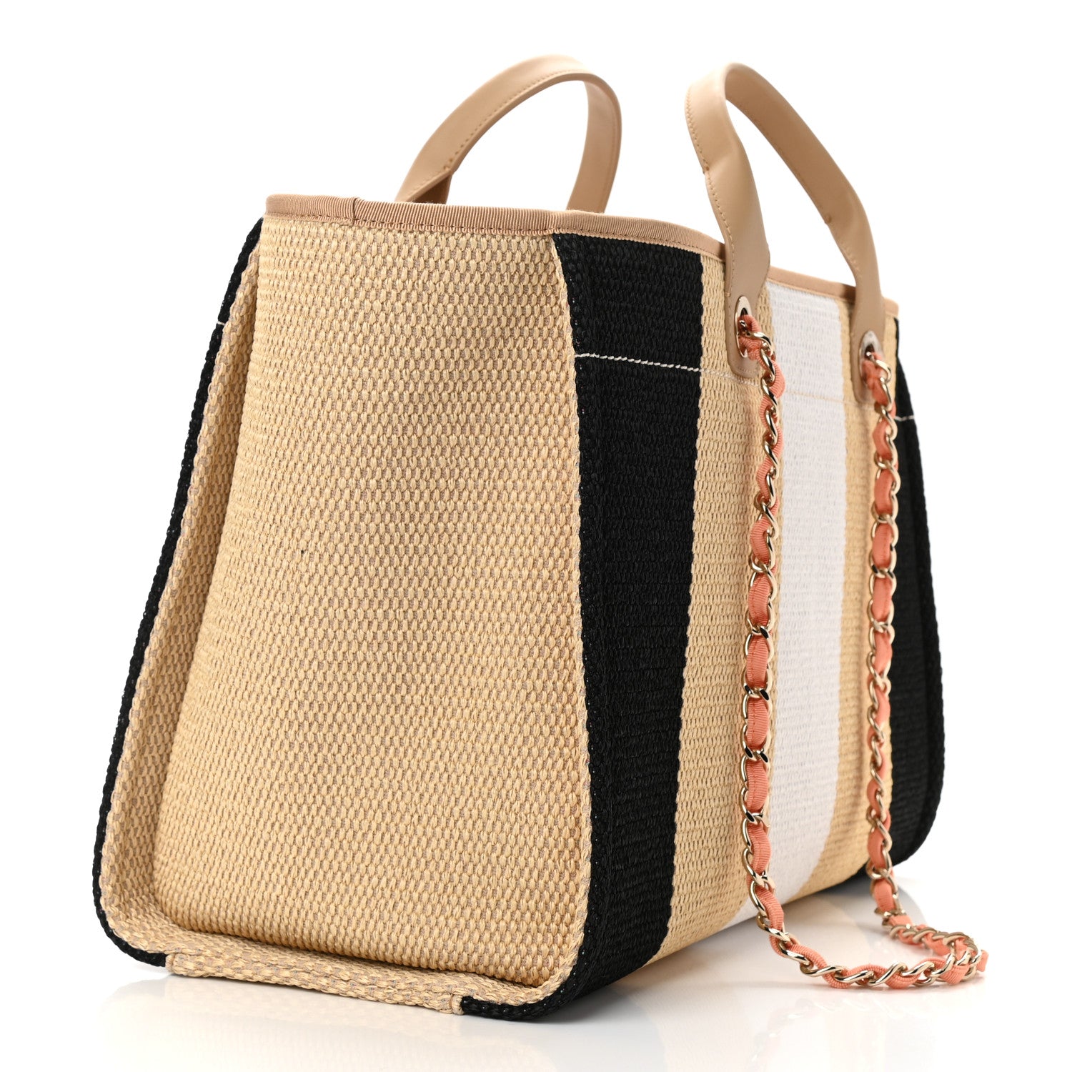 Chanel Straw Raffia Calfskin Striped Medium Deauville Tote Black Beige Ivory 3 of 10
