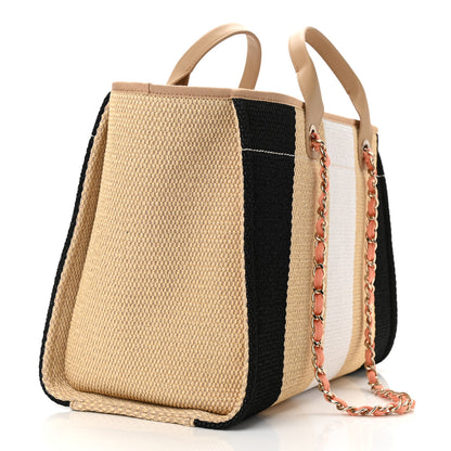 Chanel Straw Raffia Calfskin Striped Medium Deauville Tote Black Beige Ivory 3 of 10