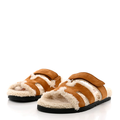 Hermes Suede Goatskin Woolskin Womens Chypre Sandals 39 Brun Fume Ecru 3 of 9