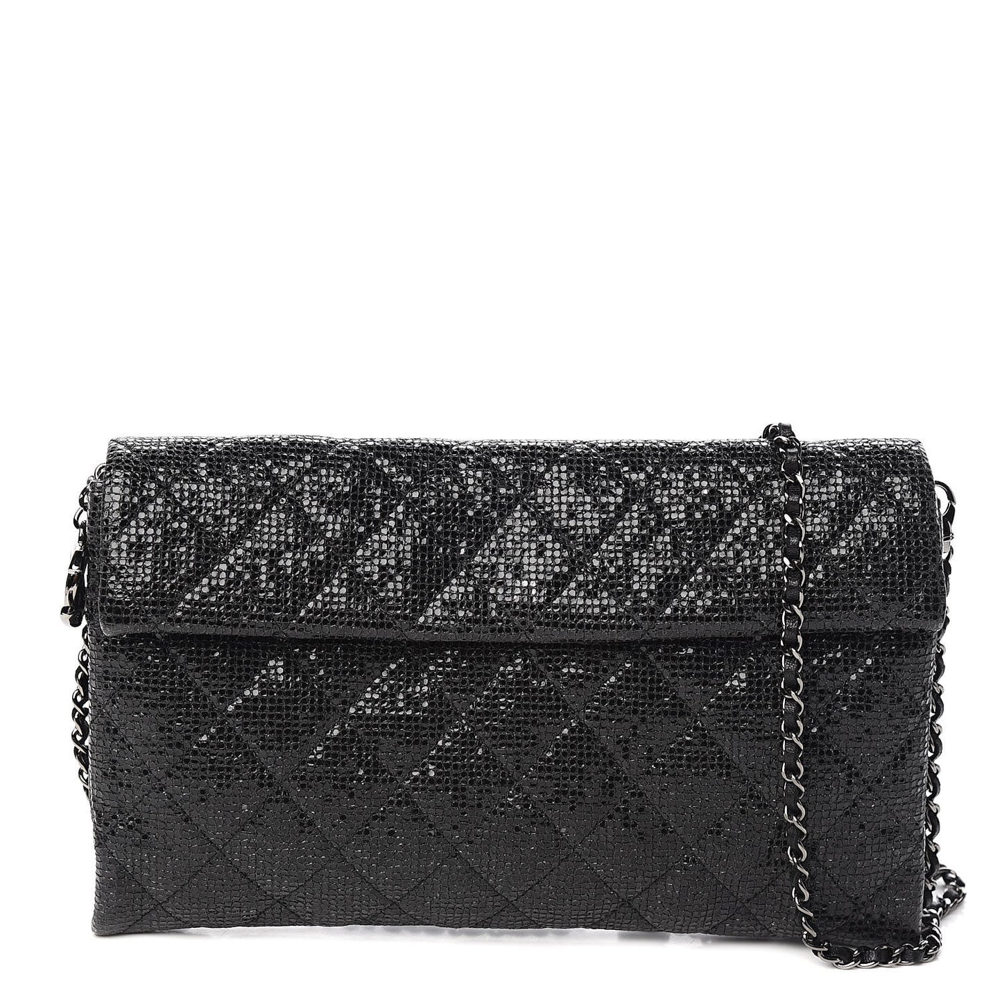 Iridescent Vinyl Quilted Clutch With Chain Black