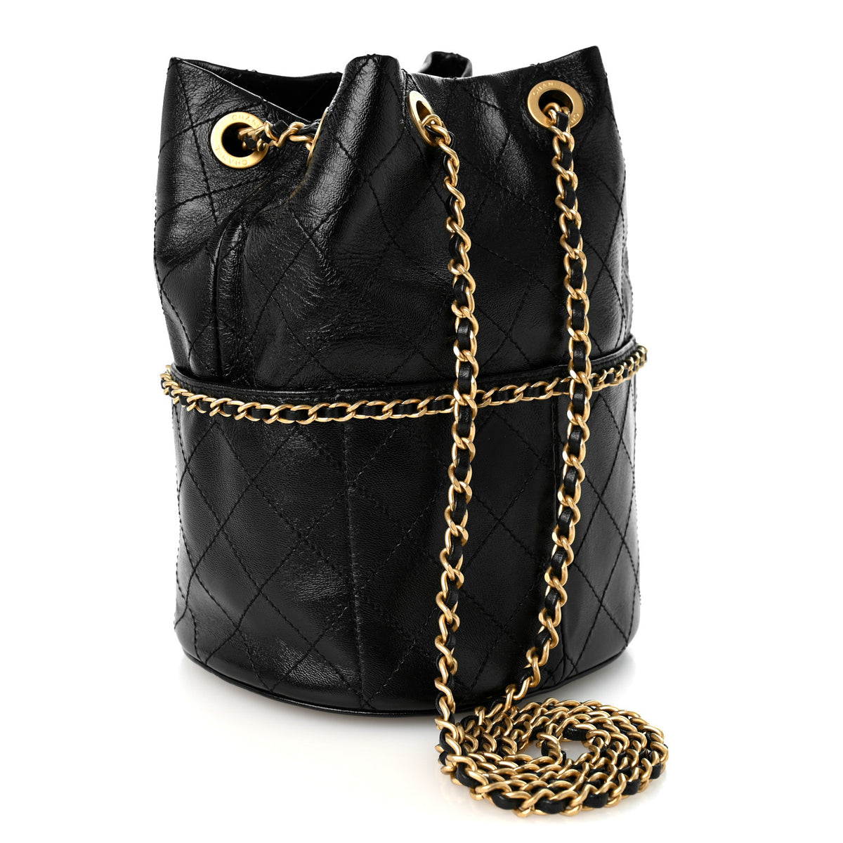 Chanel Shiny Lambskin Quilted Chain Around Drawstring Bucket Clutch With Chain Black 3 of 10