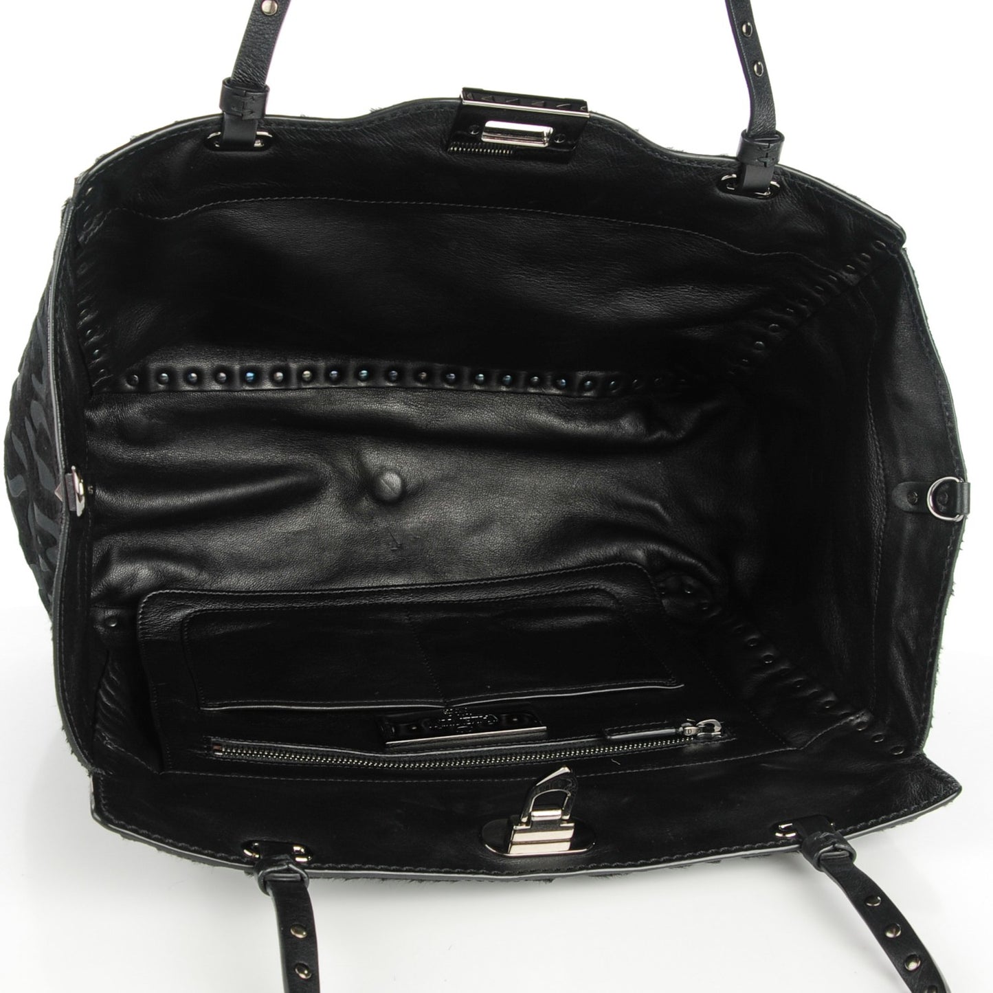 Calf Hair Cavino Etched Rockstud Tote Black
