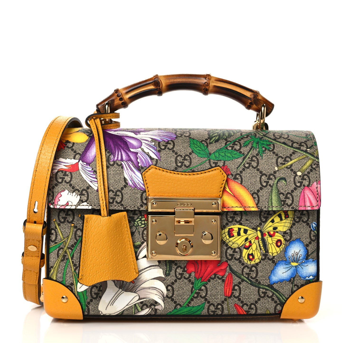 GG Supreme Monogram Flora Small Padlock Bamboo Shoulder Bag Beige Multicolor Crop