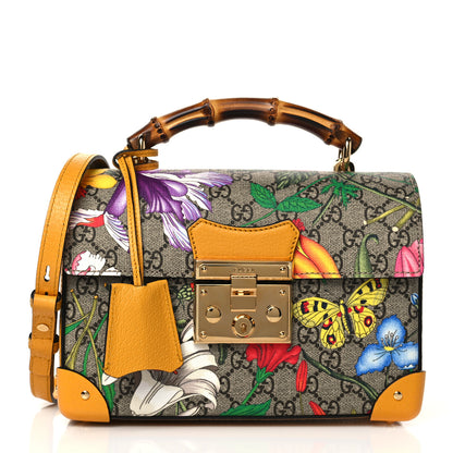 Gucci GG Supreme Monogram Flora Small Padlock Bamboo Shoulder Bag Beige Multicolor Crop 1 of 10