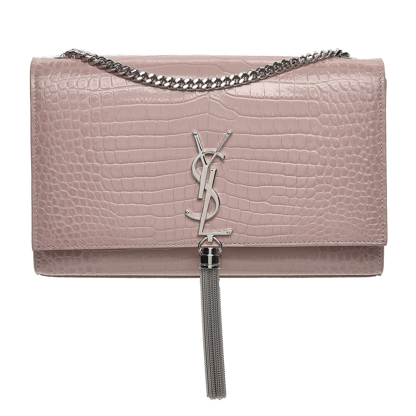 Calfskin Crocodile Embossed Medium Classic Monogram Kate Tassel Satchel Powder Pink