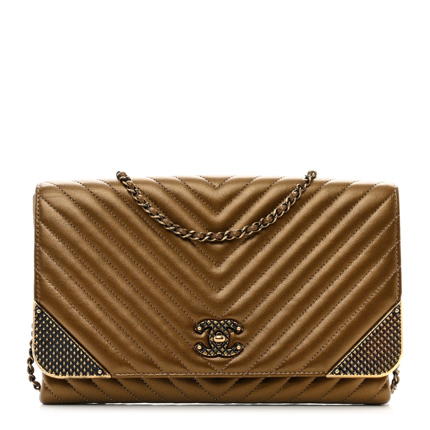 Chanel Metallic Lambskin Chevron Quilted Rock The Corner Clutch With Chain Bronze 1 of 10