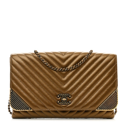 Chanel Metallic Lambskin Chevron Quilted Rock The Corner Clutch With Chain Bronze 1 of 10