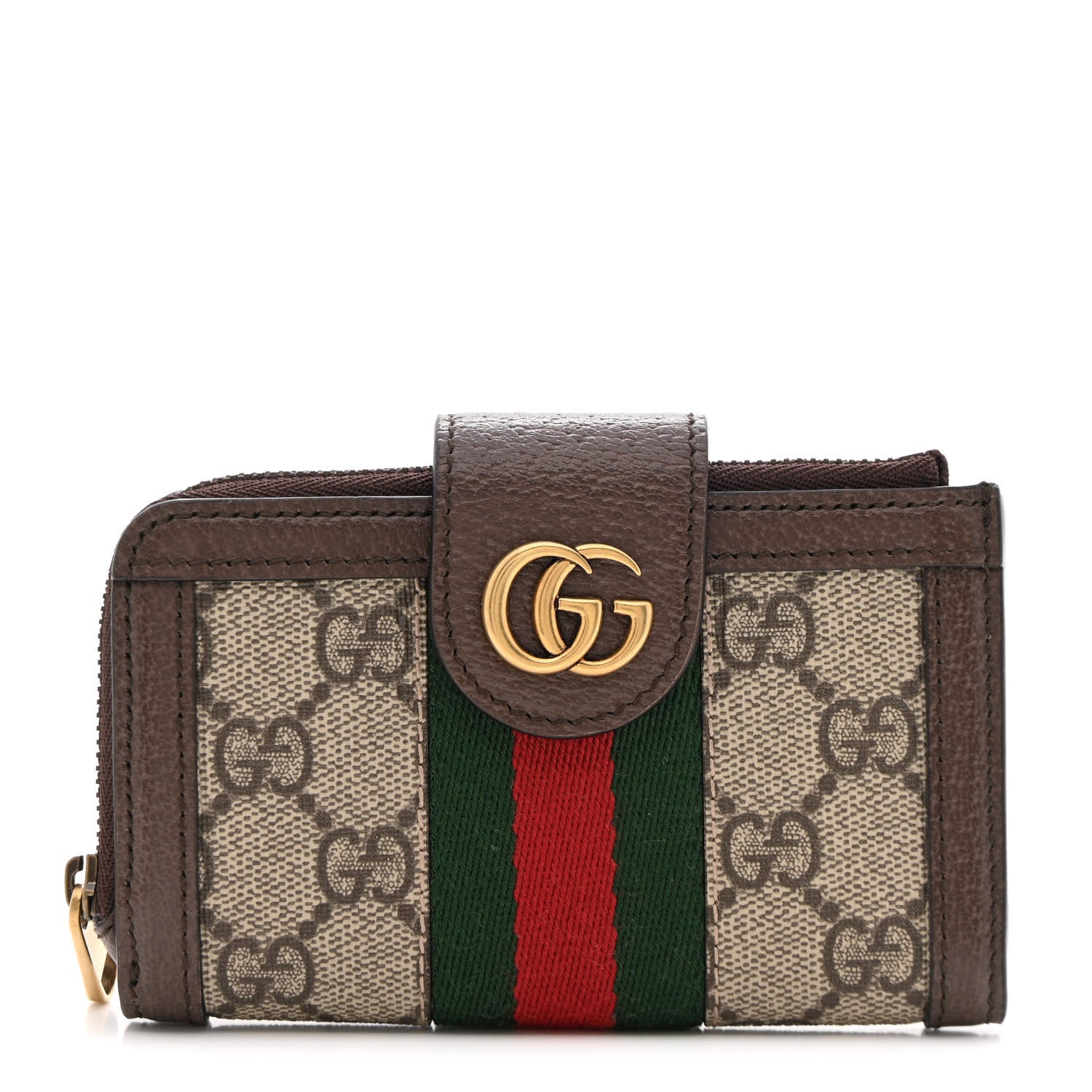 Gucci GG Supreme Monogram Textured Dollar Calfskin Web Ophidia Overlay Zip Around Card Case Wallet Beige Ebony New Acero 1 of 10
