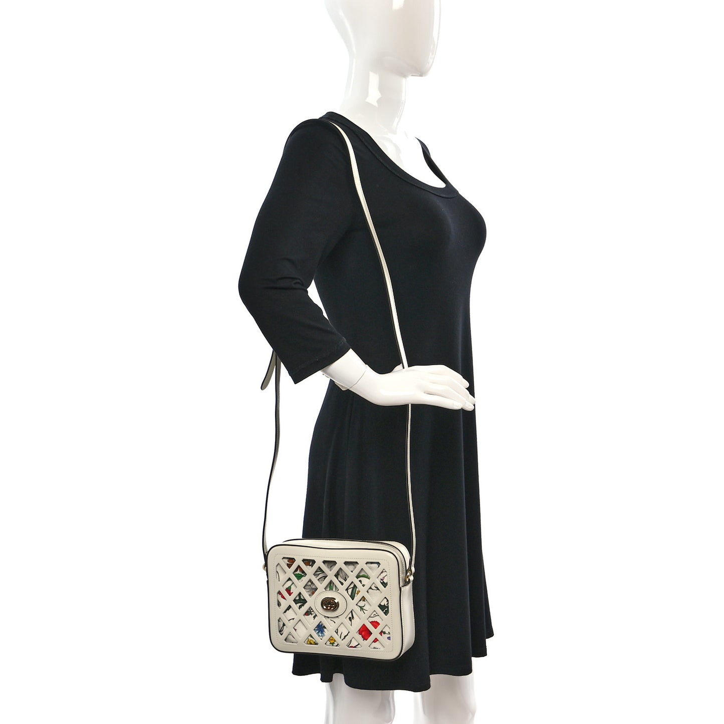 Canvas Calfskin Flora Infinity Cutout Shoulder Bag White Multicolor