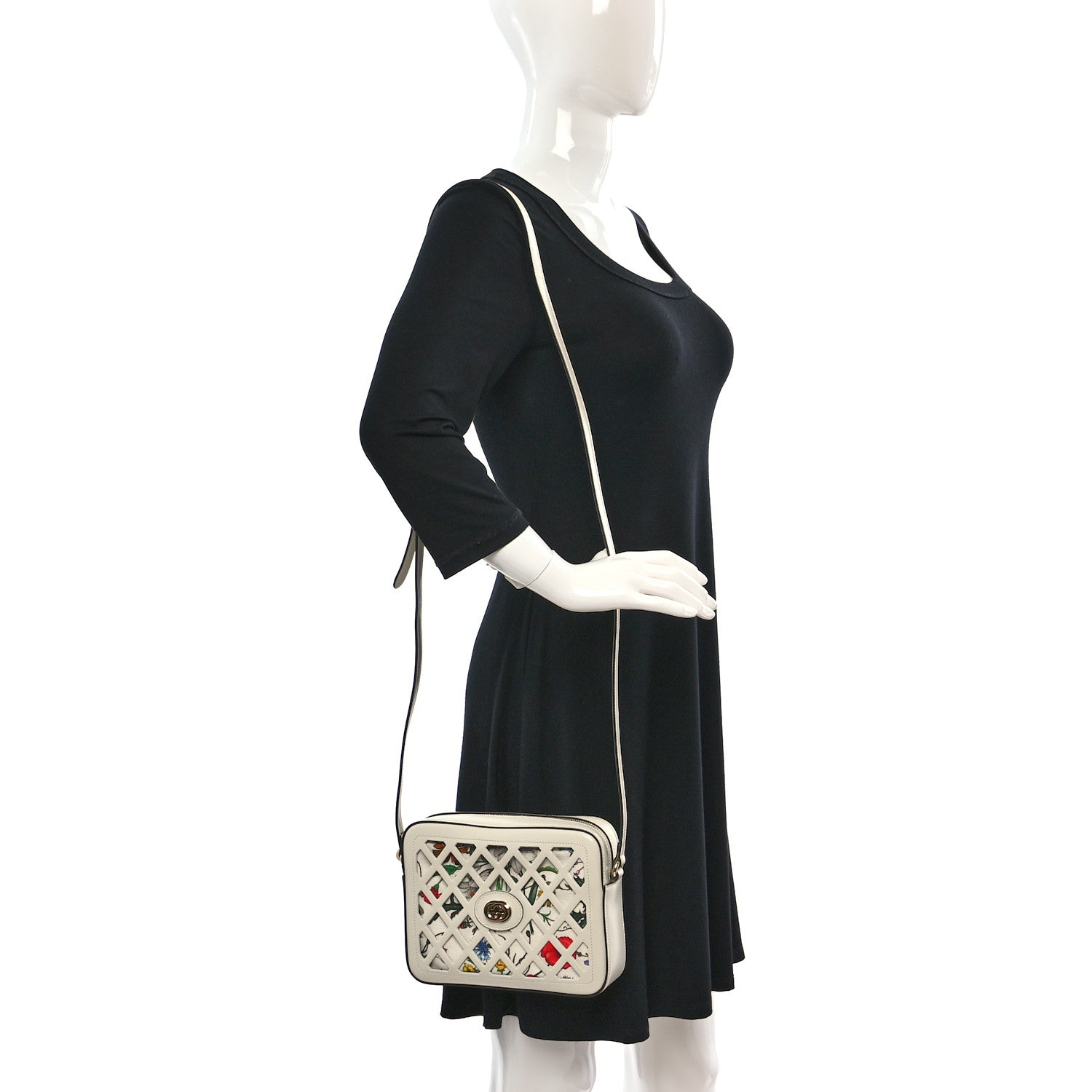 Gucci Canvas Calfskin Flora Infinity Cutout Shoulder Bag White Multicolor 3 of 13