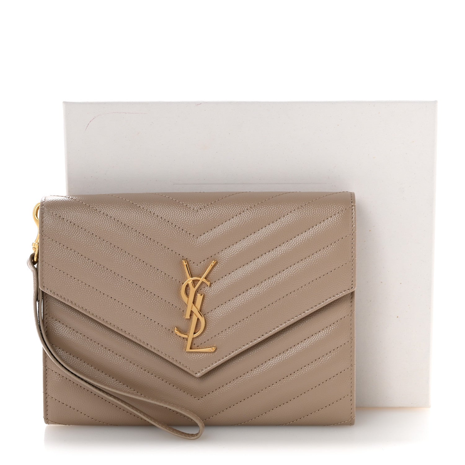 Saint Laurent Grain De Poudre Matelasse Chevron Monogram Envelope Clutch Dark Beige 12 of 12