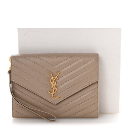 Saint Laurent Grain De Poudre Matelasse Chevron Monogram Envelope Clutch Dark Beige 12 of 12