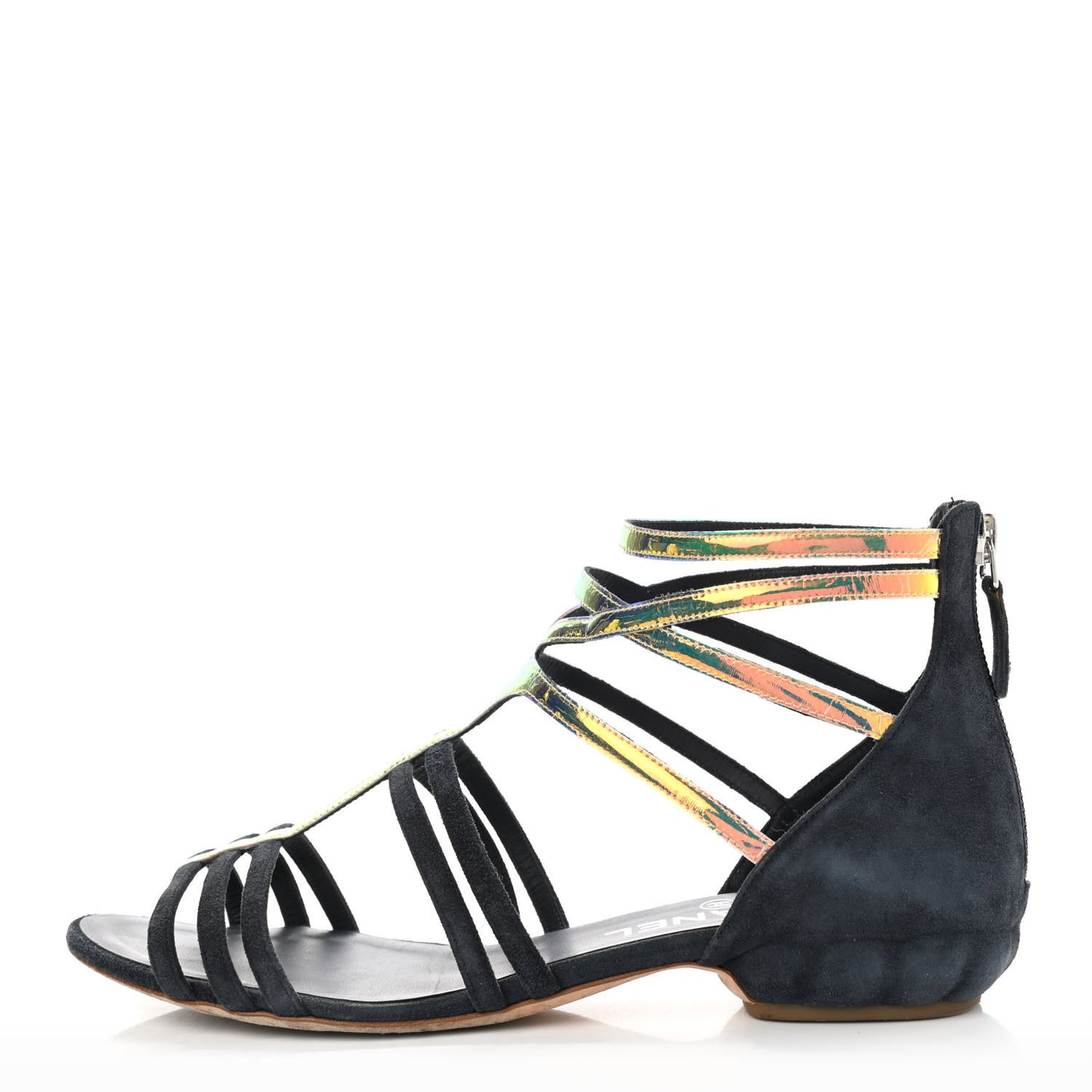Suede Iridescent Patent Caged Sandals 38 Navy Blue