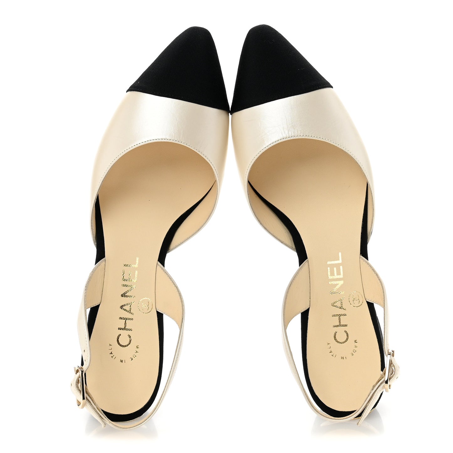Iridescent Calfskin Grosgrain Cap Toe CC Slingback Pumps 36 White Black