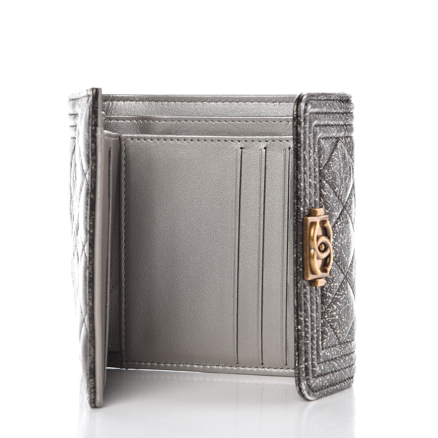 Cracked Metallic Calfskin Quilted Compact Boy Wallet Black