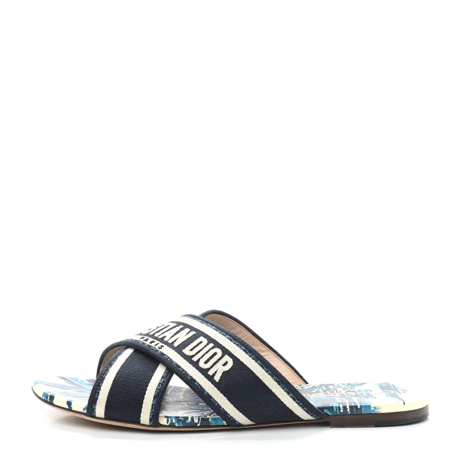 Christian Dior Canvas Palms Embroidered Dway Criss Cross Slide Sandals 38 Indigo Blue 1 of 9