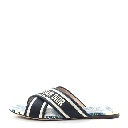 Christian Dior Canvas Palms Embroidered Dway Criss Cross Slide Sandals 38 Indigo Blue 1 of 9