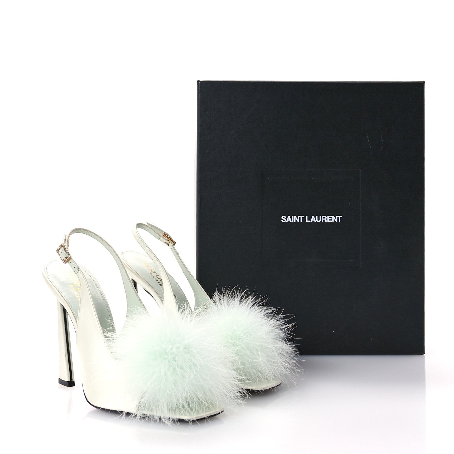 Saint Laurent Crepe Satin Blanco Feathered Sandals Slight 38 Green 9 of 10