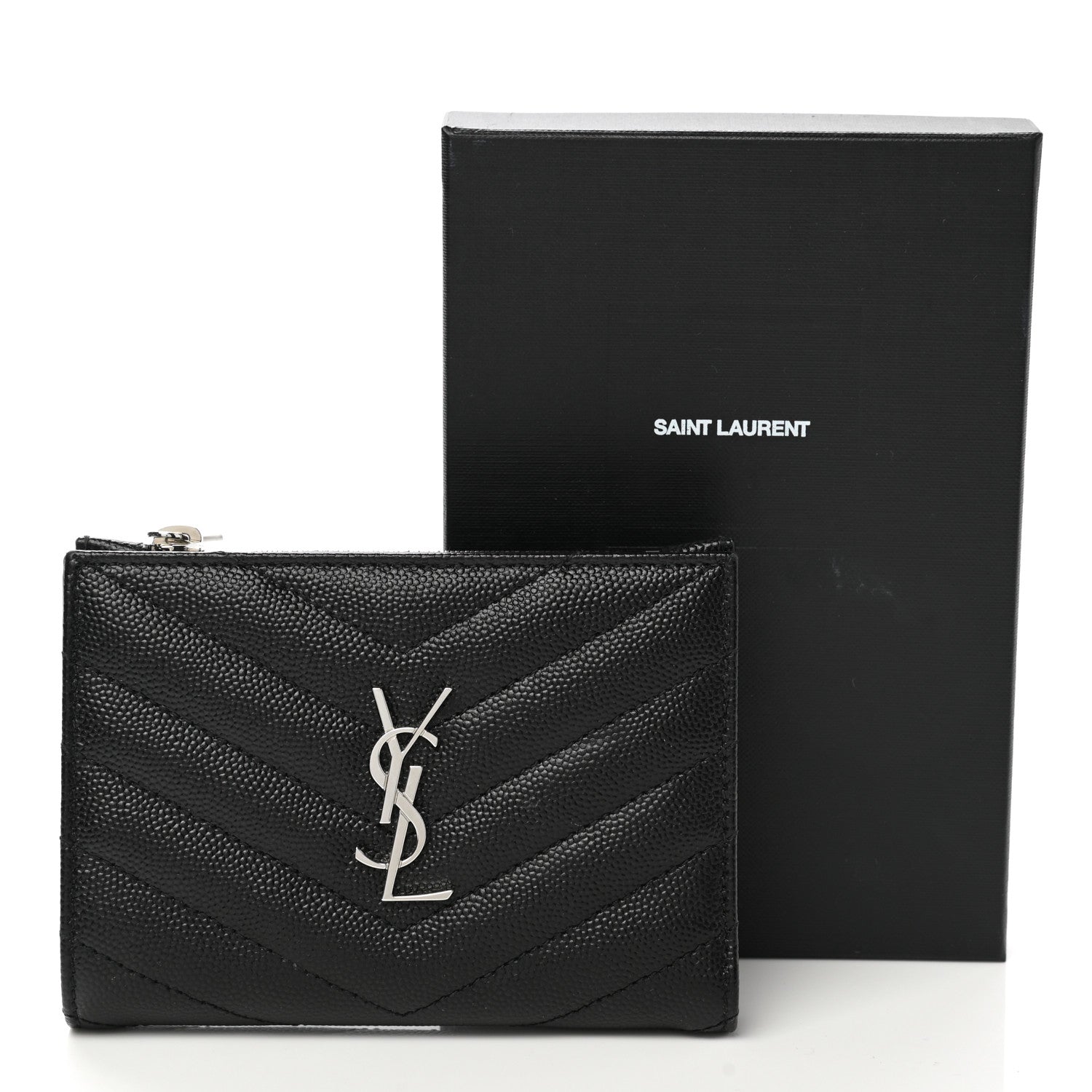 Saint Laurent Grain De Poudre Matelasse Chevron Monogram Zipped Two-Part Wallet Black 8 of 8