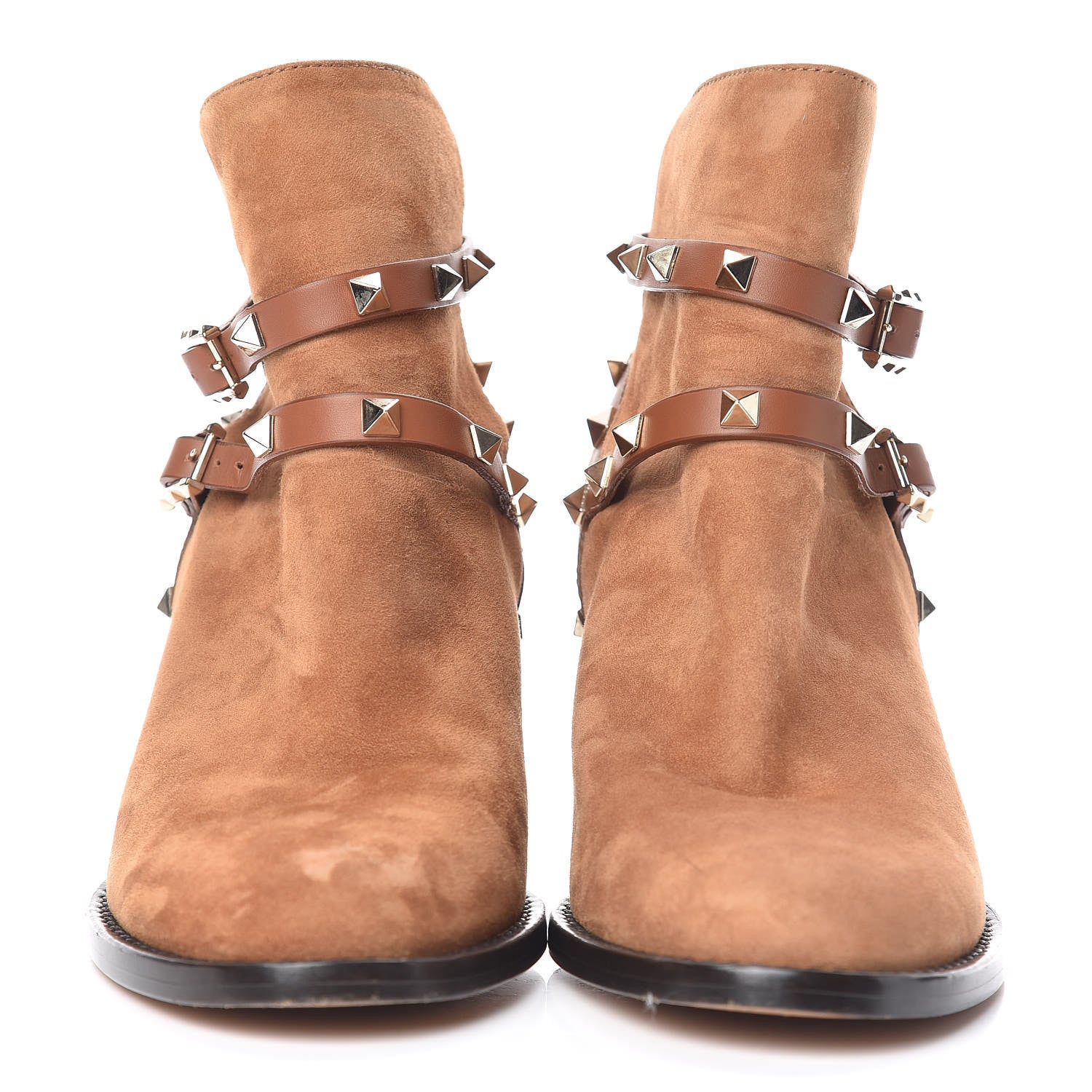 Valentino Garavani Suede Rockstud Double Buckle 70mm Block Heel Ankle Boots 38.5 Tobacco 2 of 12