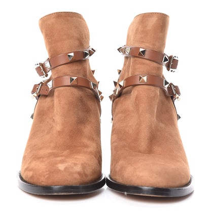 Valentino Garavani Suede Rockstud Double Buckle 70mm Block Heel Ankle Boots 38.5 Tobacco 2 of 12